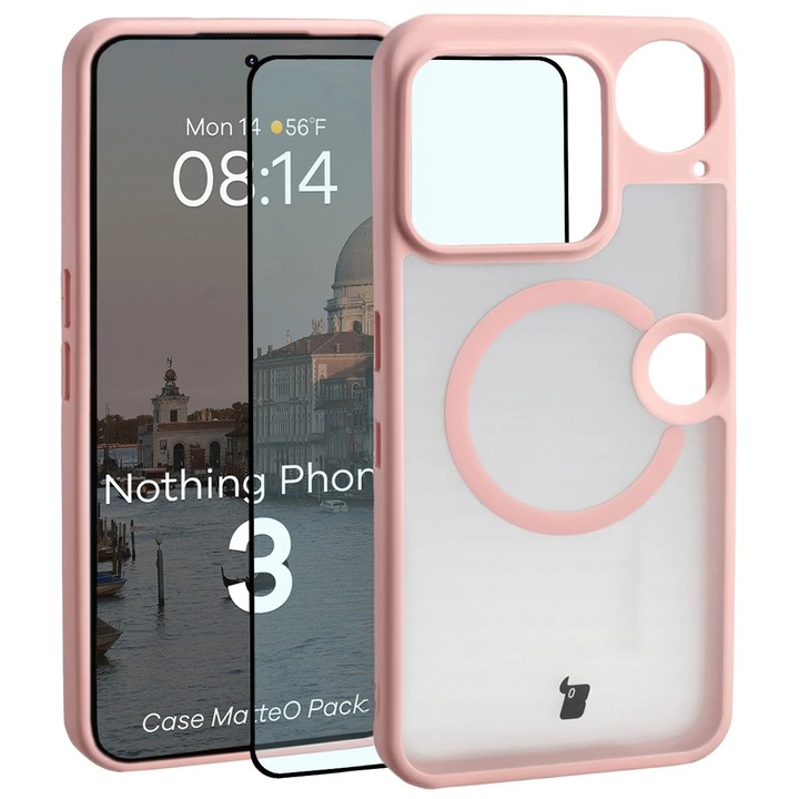 Set Husa + Sticla de protectie, Bizon MatteO Pack pentru Nothing Phone (3), Roz Deschis Fumuriu