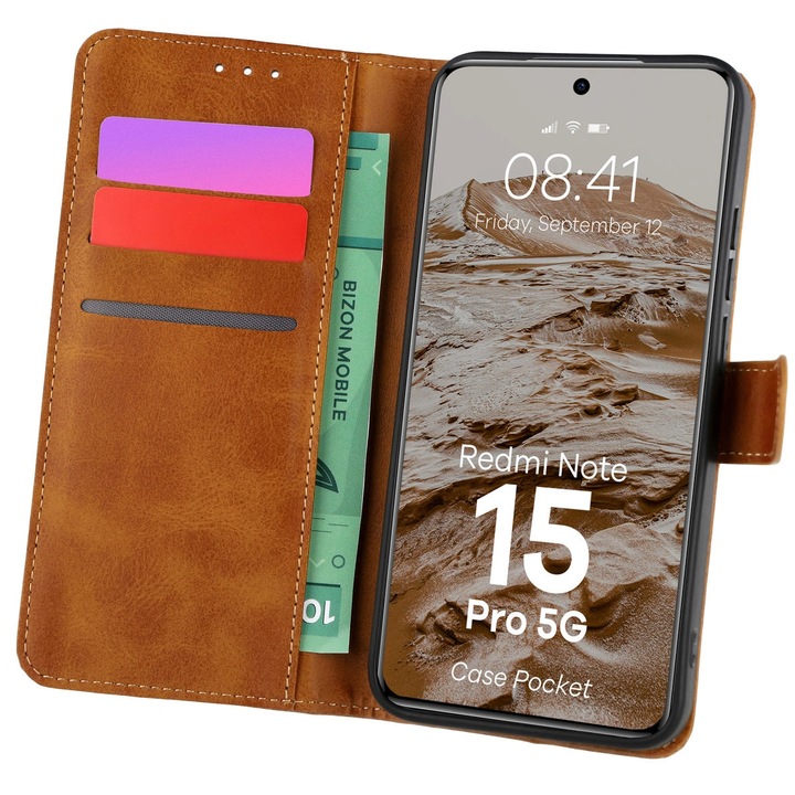 Калъф, Bizon Case Pocket за Xiaomi Redmi Note 15 Pro 5G, Кафяви