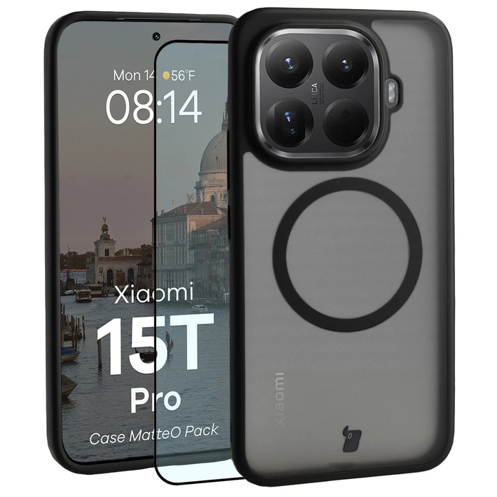 Комплект Калъф + Стъклен протектор, Bizon MatteO Pack за Xiaomi 15T Pro, Димни Черни