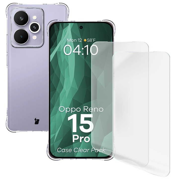 Комплект Калъф + 2 Защитно фолио, Bizon Case Clear Pack за Oppo Reno15 Pro, Прозрачен
