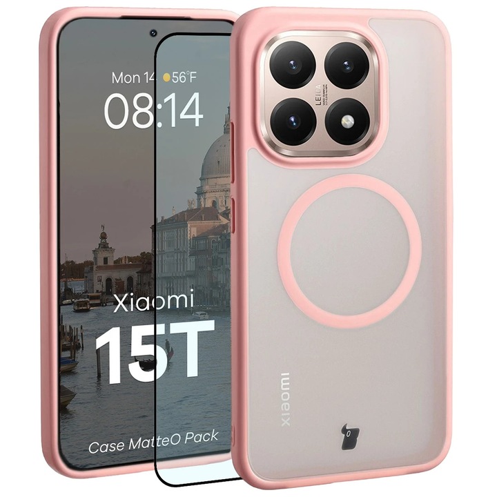 Комплект Калъф + Стъклен протектор, Bizon MatteO Pack за Xiaomi 15T, Опушено-Светлорозови
