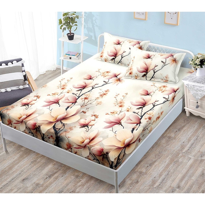 Cearceaf/Husa de pat cu elastic si doua fete de perne, Pucioasa, 3 Piese, Finet/Bumbac, Cearceaf cu elastic 180 x 200 cm, fata de perna 80x 52 cm, Model Floral, G-273