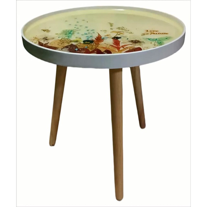 Многоцветна масичка за кафе, 40x43 см, масивно дърво и МДФ, естествени елементи