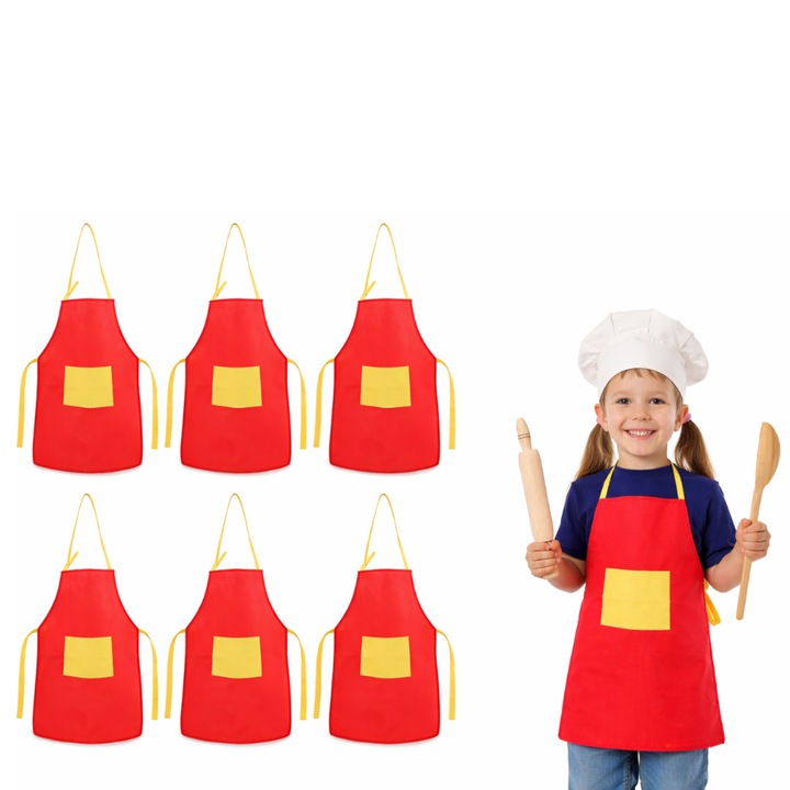 Set 6 Sort Bucatarie Copii cu Buzunar, pentru Pictura si Activitati Creative, Curea Ajustabila, 60/40cm, pentru Copii 2-10 ani, Rosu cu Buzunar Galben, dalimag