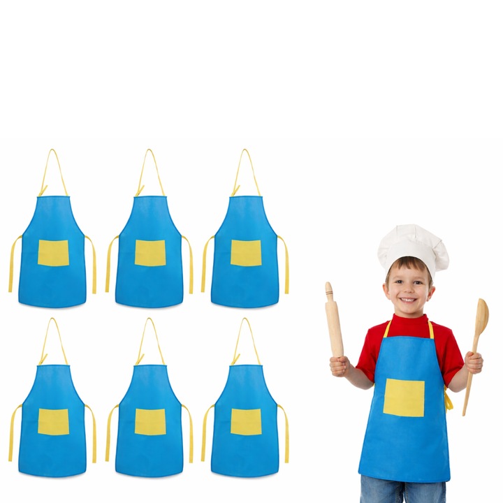 Set 6 Sort Bucatarie Copii cu Buzunar, pentru Pictura si Activitati Creative, Curea Ajustabila, 60/40cm, pentru Copii 2-10 ani, Albastru cu Buzunar Galben, dalimag