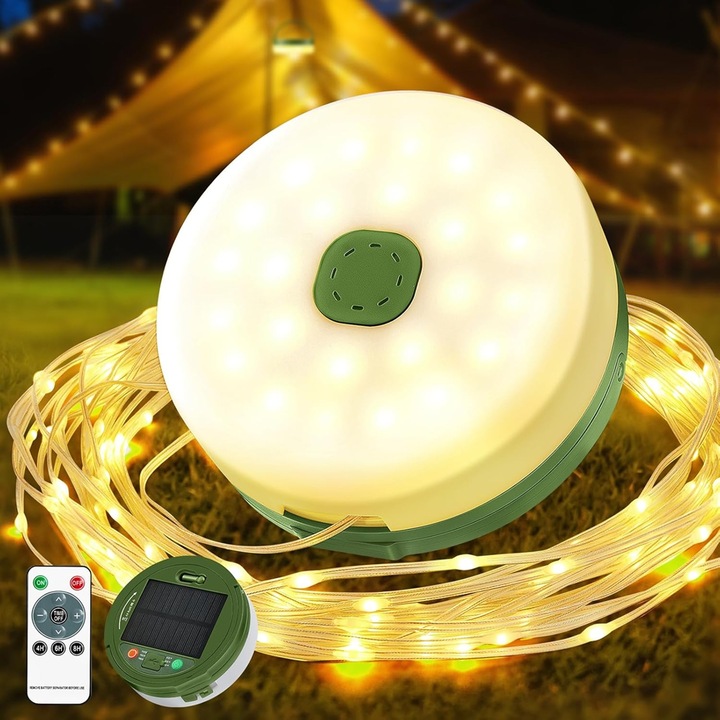 Lampă de Camping 10m, Solară și Reîncărcabilă, Baterie 3000mAh, 8 Moduri, Impermeabilă, Culoare Caldă