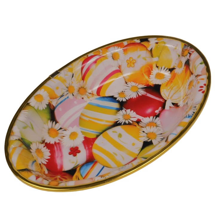 Platou Decorativ de Paste, Forma Ovala, Model Oua Colorate si Flori, Plastic Rezistent, 25 x 17 x 4 cm