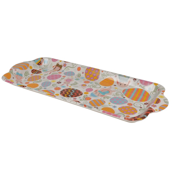 Tava Decorativa pentru Servire Paste, Model Oua de pasti si Motive Pascale, Melamina, 39.5 x 17 cm, Multicolor