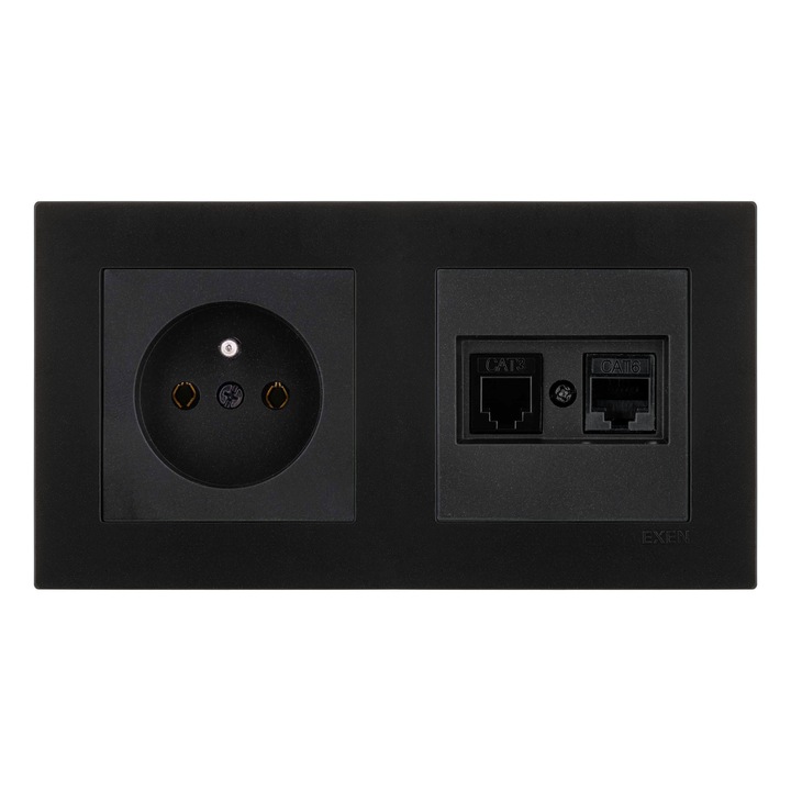 Set priza electrica cu impamantare, priza RJ45 Cat.6, priza telefonica RJ11, KARELL, negru metalizat