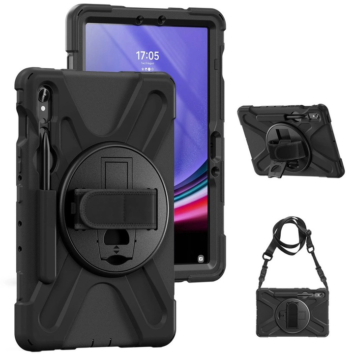 Etui pancerne Strado pentru Samsung Galaxy Tab S9/S9 FE/S10 FE, 10,9", negru, cu suport rotativ 360° si banda de mana