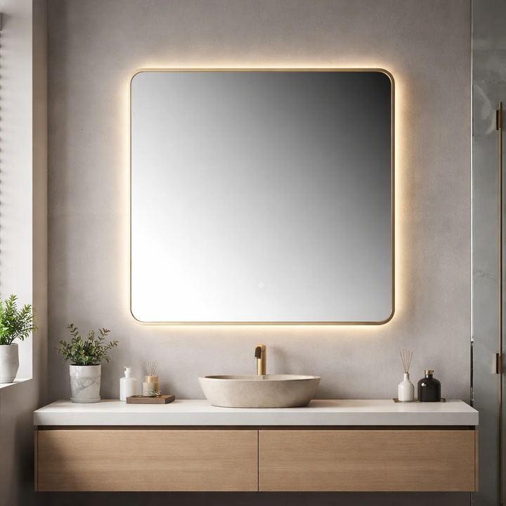 Oglindă LED Patrată SharkDesign 80x80cm, Rama Aurie, 3 Tipuri de Lumină, Tehnologie Copper-Free