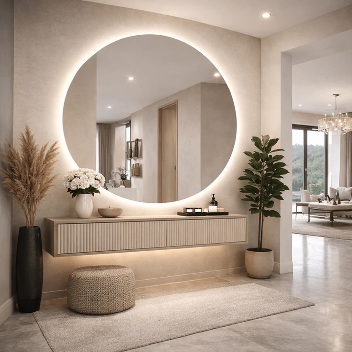 Oglindă LED Rotundă SharkDesign 100x100cm, Iluminare Spate, Tehnologie Copper-Free, 3 Tipuri de Lumină