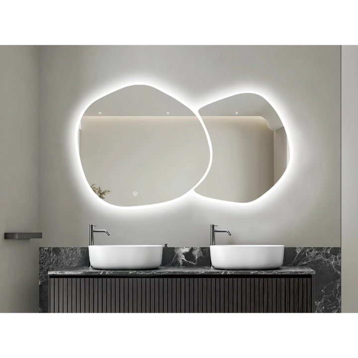 Dupla LED Tükör, Prémium Aszimmetrikus 140×80 cm, Érintéses, 3 Fényfajta – Meleg, Hideg, Természetes