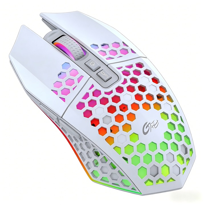 MTEVOTX wireless gamer egér, ultrakönnyű méhsejt dizájn, 8 gomb, 11 RGB világítási mód, állítható DPI (800-1600-2400-3600), egykattintásos asztalra való visszatérés, LED akkumulátor jelző, újratölthető 500mAh, Type-C töltés, Plug and Play, Fehér/Szürke