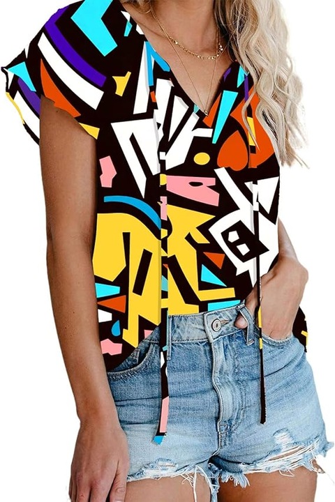 Bluza AOISAGULA din sifon cu decolteu in V, maneca scurta, imprimeu floral, multicolor, S