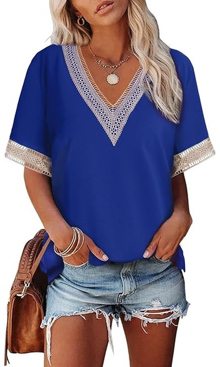 Bluza din dantela Dokotoo, decolteu in V, maneca scurta, albastra, marime S