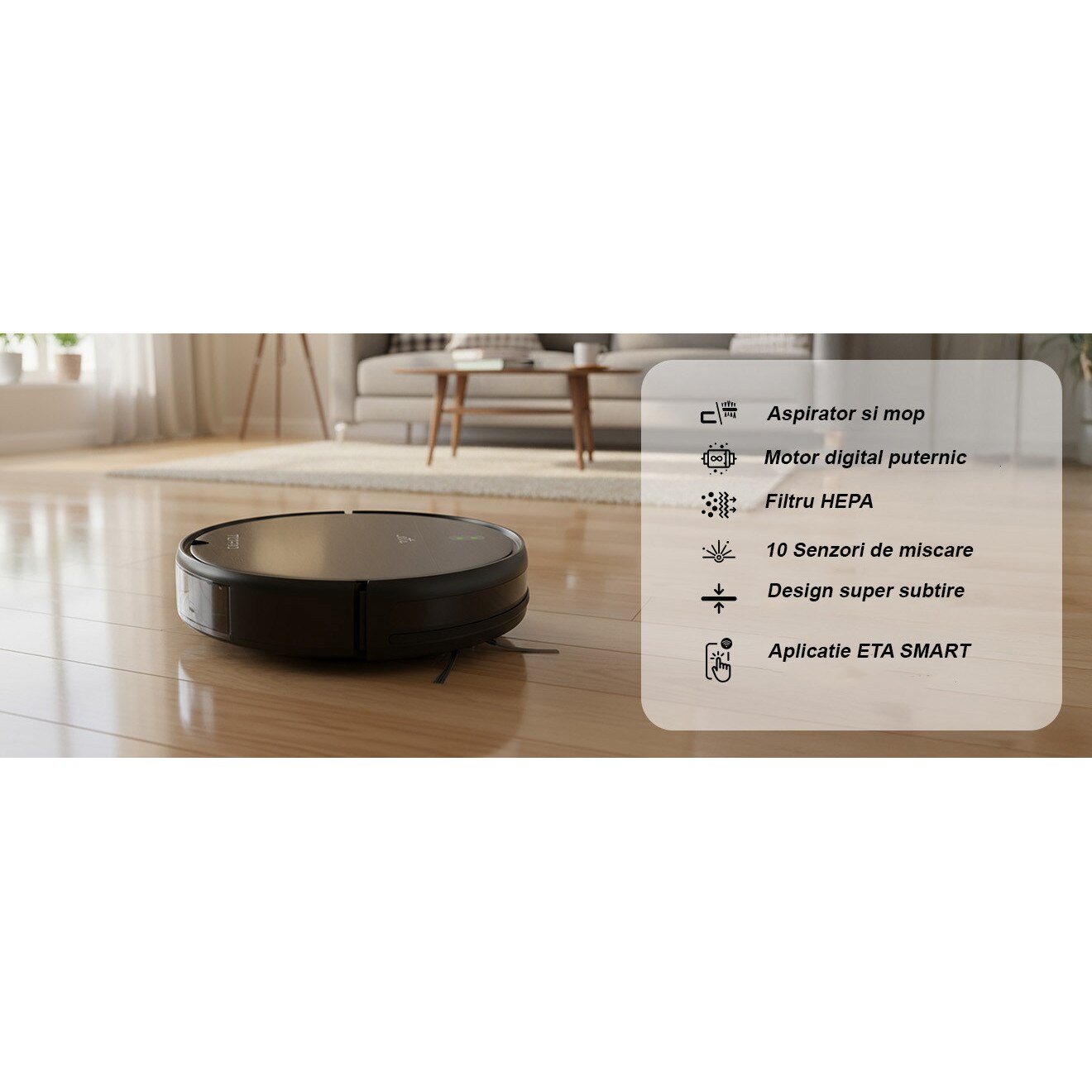 Aspirator robot și mop ETA Torro 0251 90000, Wi-Fi, motor digital, negru, 7.7cm