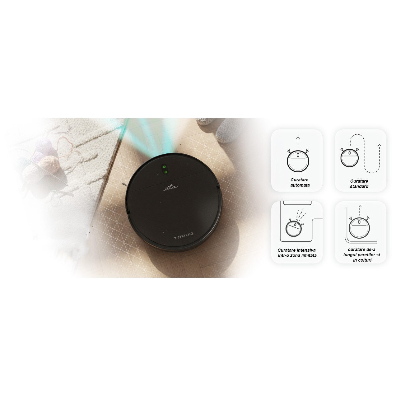 Aspirator robot și mop ETA Torro 0251 90000, Wi-Fi, motor digital, negru, 7.7cm