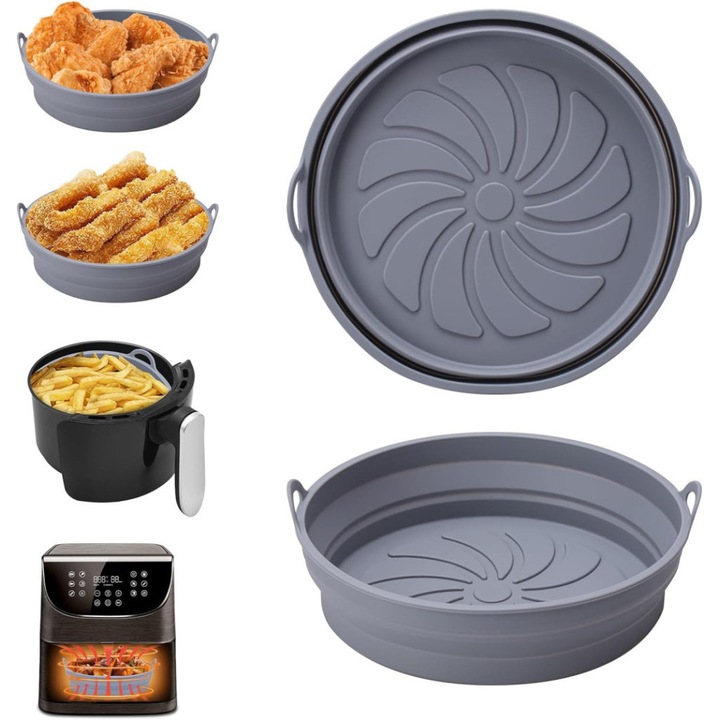 Szilikon Airfryer sütőkosár 2 darabos – összecsukható, hőálló, szürke VAN-055