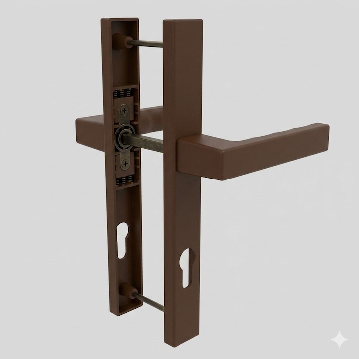 Maner termopan cu sild pentru usa PVC, interax 92 mm, set 2 manere, culoare maro, maner robust pentru tamplarie PVC