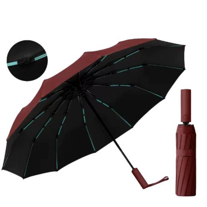 Компактен автоматичен сгъваем чадър, UV защита 50+, устойчив на вятър, червен, 40x23 инча