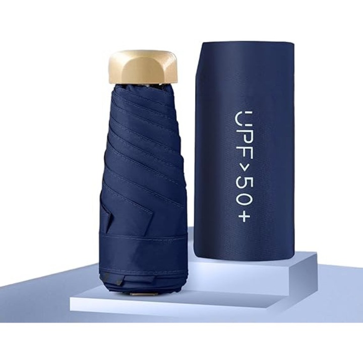 Мини чадър, UPF 50+ UV и водоустойчив, компактен дизайн, 18см, тъмносин