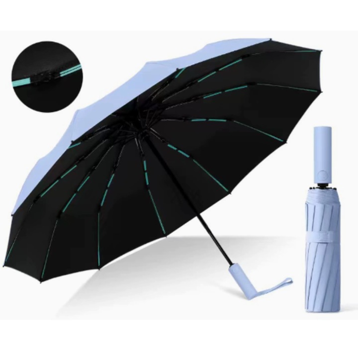 Компактен автоматичен сгъваем чадър, UV защита 50+, ветроустойчив, 40 инча, син