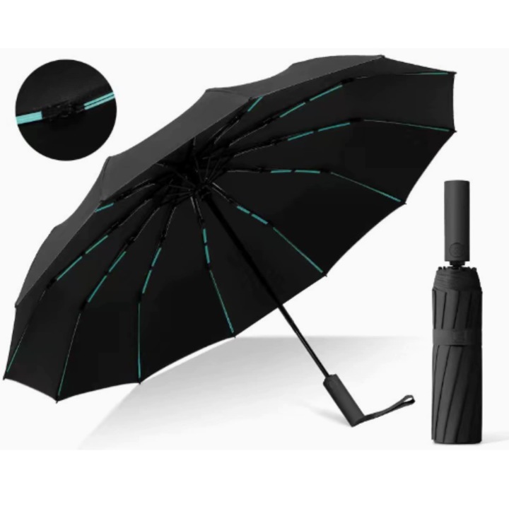 Автоматичен сгъваем компактен чадър, UV защита 50+, устойчив на вятър, 40x23 инча, черен