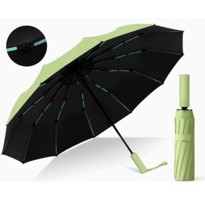 Компактен автоматичен сгъваем чадър, UV защита 50+, устойчив на вятър, 40 инча, зелен