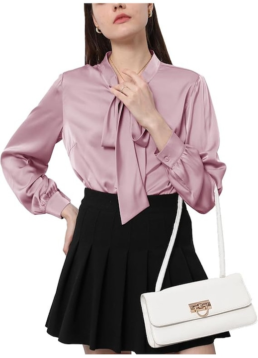 Camasa eleganta din satin cu nasturi in jos si funda, Roz