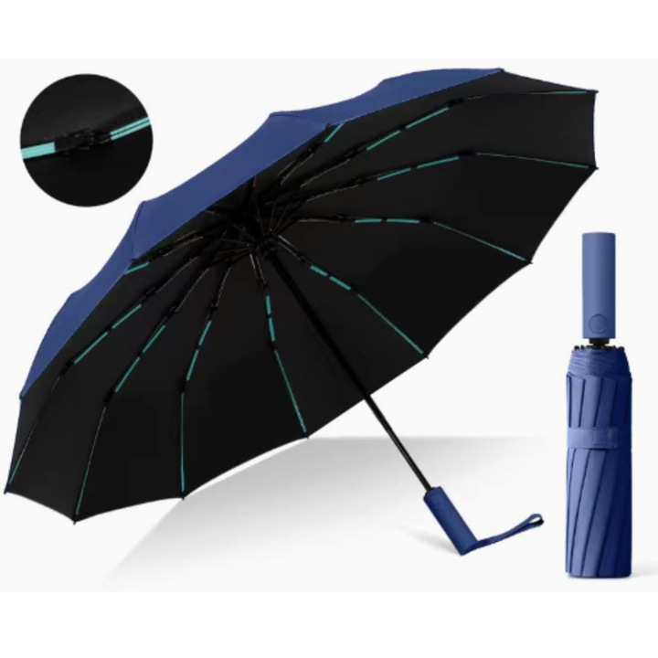 Автоматичен сгъваем чадър, 40 инча, UV защита 50+, устойчив на вятър, тъмносин