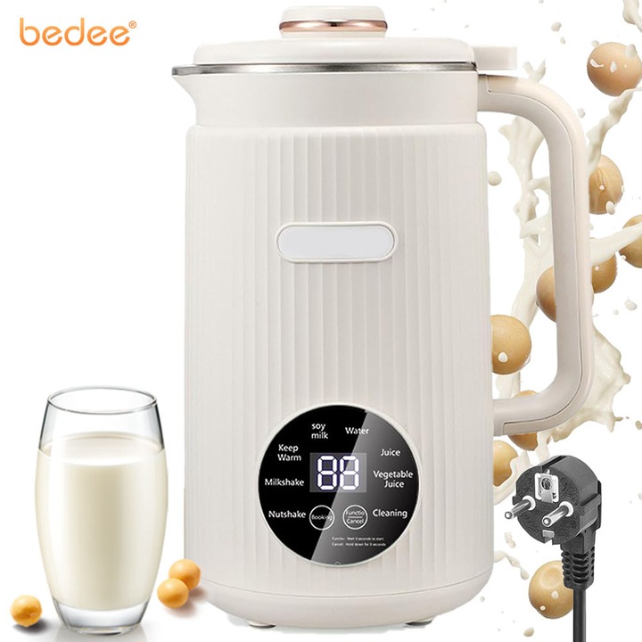 Aparat de lapte vegetal, 8-in-1, Bedee,1200 ml, 800W, cu 12 lame pentru lapte vegetal de casa, ovaz, 12 lame cu temporizator, functie de mentinere la cald, Alb