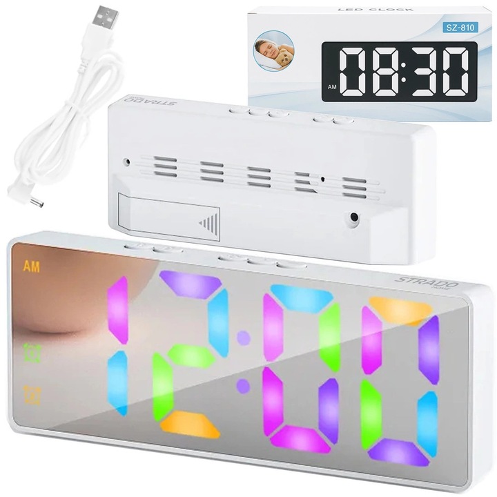Ceas digital LED cu alarma, Strado, RGB, alb, 16x6,2x2,5cm