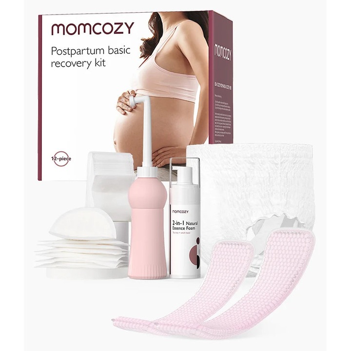 Momcozy Основен комплект за след раждане, 6 абсорбиращи слипове, 2 многократни студени компреса, 20 подплънки за кърмачки, бутилка с пери 500 ml, торба за многократна употреба