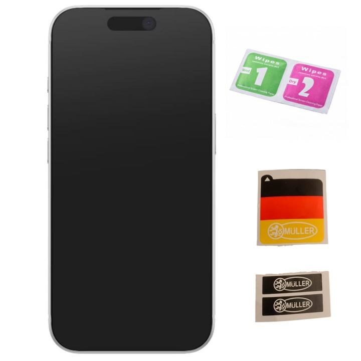 Folie Sticla Mata Müller® compatibila cu iPhone 17 Pro Max, Privacy Matte, Full Cover 3D, Full Glue, Duritate Militara, Ultra HD, Protectie Profesionala Ecran 3D, Anti Zgarieturi, Anti Socuri, Anti Orbire, Sticla Securizata, Negru