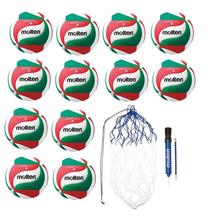 Set 12 mingi volei Molten V5M2200 Super Soft Touch + pompa Molten DHP21 + plasa transport BN10