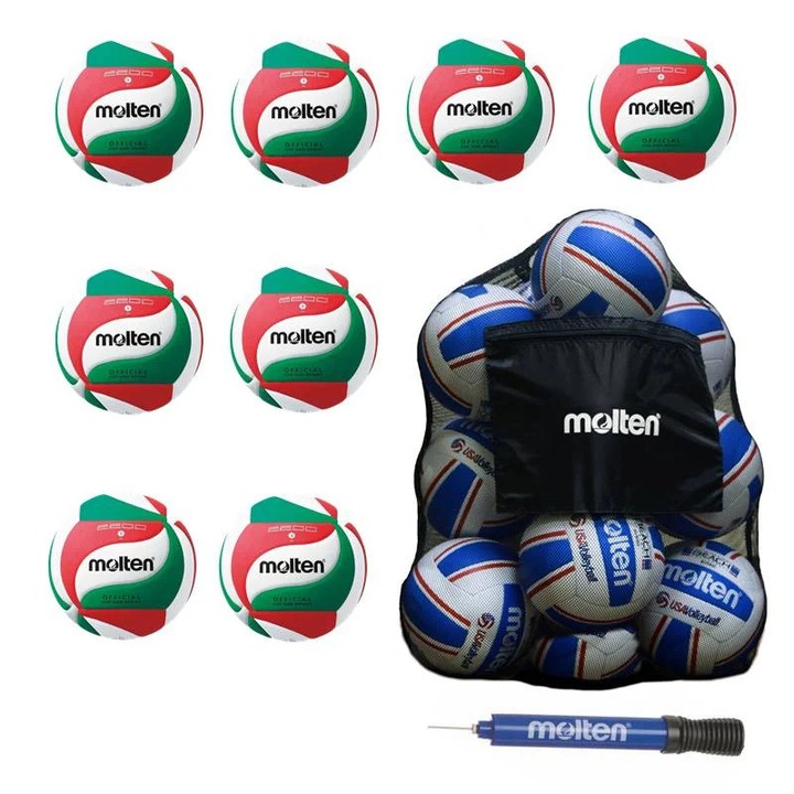 Pachet 8 mingi volei Molten V5M2200 Soft Touch + sac mingi Molten SBP + pompa Molten DHP21