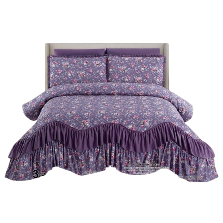 Cuvertura de pat, 220x270 cm, 3 piese, 2 persoane, jojo home, volanase mov