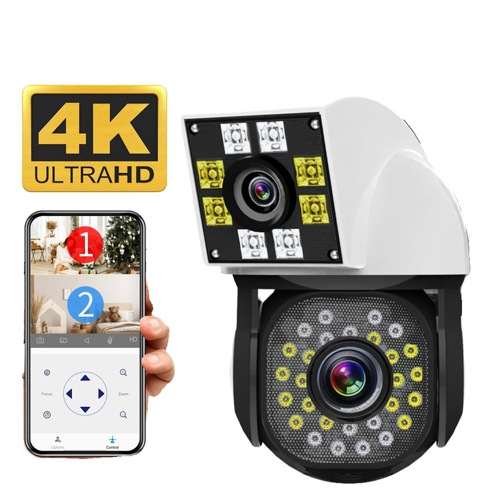 Camera de supraveghere 2MP, detectie miscare AI, viziune nocturna colorata, montare interioara/exterioara, rezistenta la intemperii, conector UE