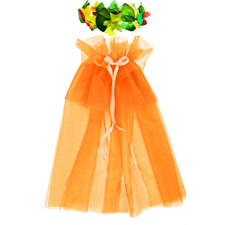 Costum Zana Toamna, pelerina cu volane si coronita, tull portocaliu, 2 piese, 70cm
