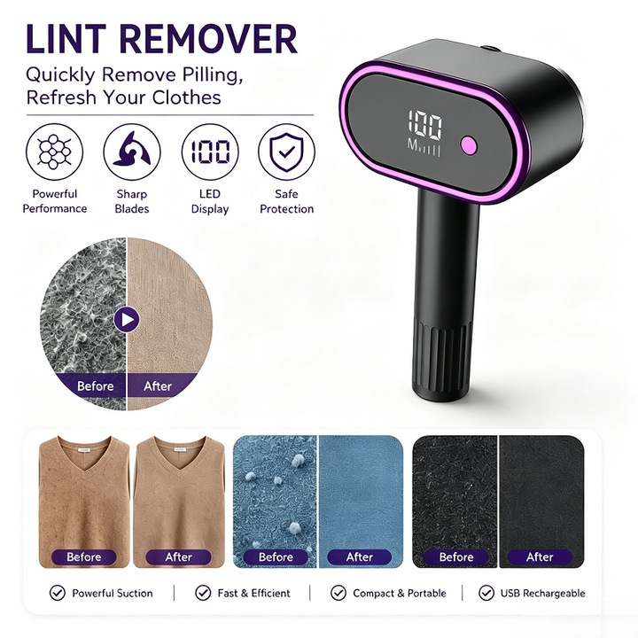 Aparat de indepartat scame electric, cu afisaj digital, 3 viteze reglabile, lama din otel inoxidabil, reincarcabil USB, dispozitiv pentru curatarea hainelor si ingrijirea tesaturilor
