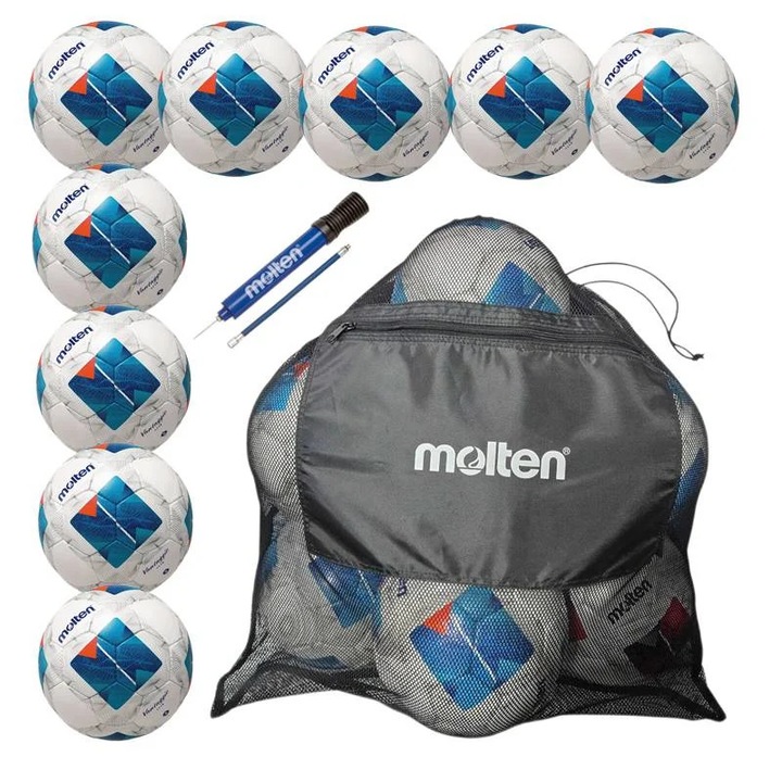 Set 9 mingi fotbal Molten F5N1710 marimea 5, sac transport Molten, pompa Molten