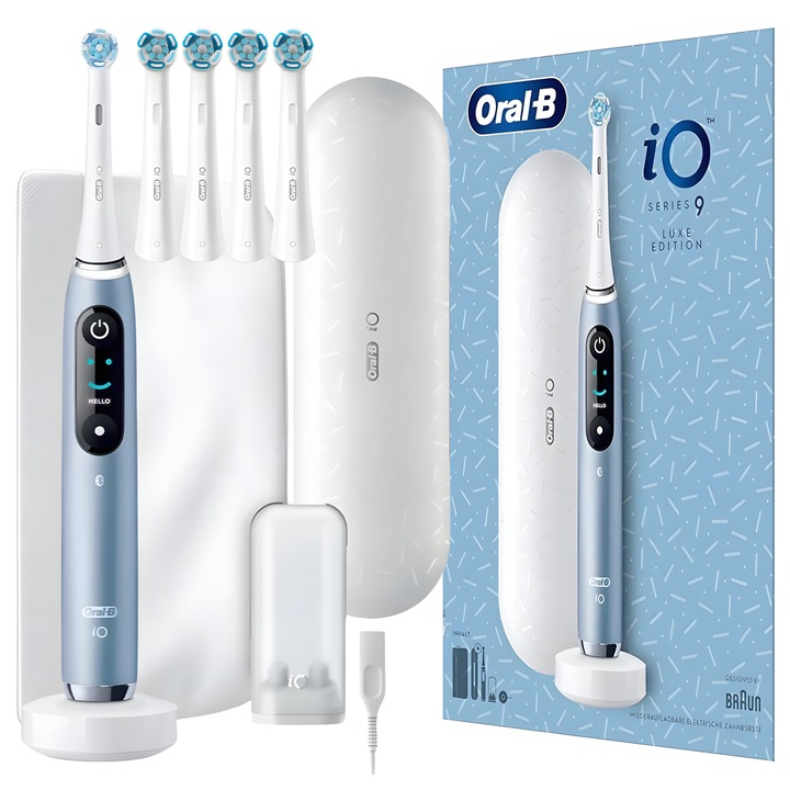 Szett, Oral-B iO Series 9 Luxe Edition Aqua Marine elektromos fogkefe, 4 Ultimate Clean pótfej