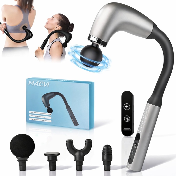 Масажен пистолет за мускули MACVI, 4 глави, 9 скорости, черен, презареждащ се