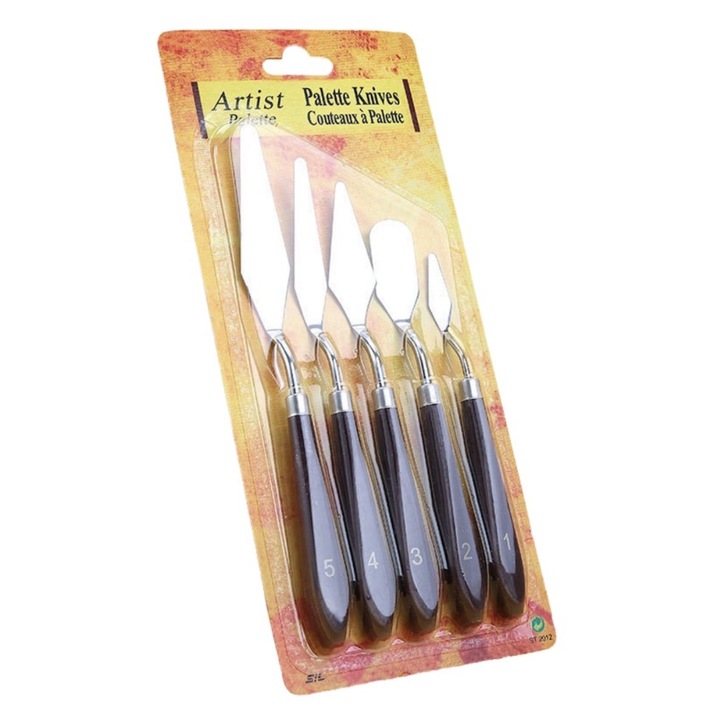 Set 5 Cutite de Pictura Metalice cu Maner din Lemn, Diverse Forme, Maro, 170-220mm