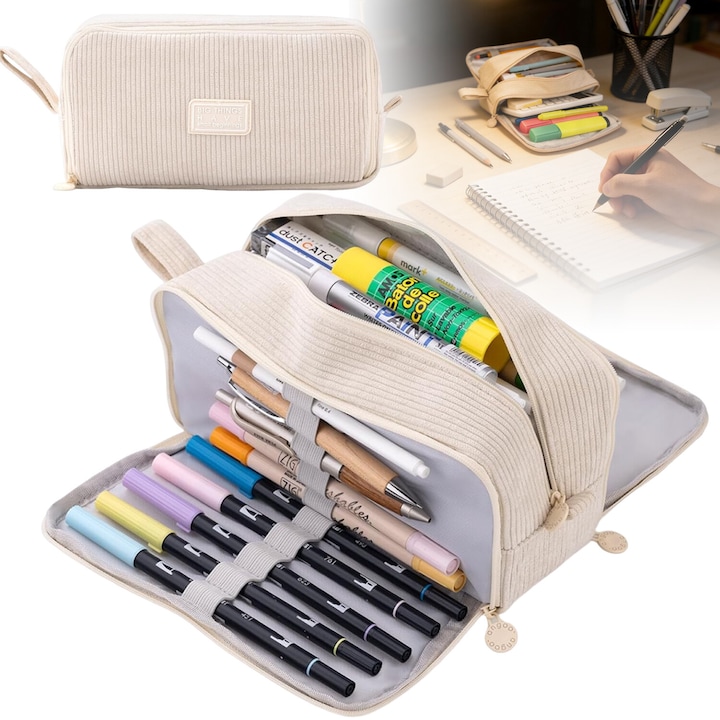 Penar scolar, Bedee, Portabil, 3 compartimente, cu maner si fermoar, Multifunctional, Lavabil, Pantaloni de catifea cord, pentru majoritatea pixurilor si creioanelor, cleme, benzi de corectare a riglelor, markere, Bej