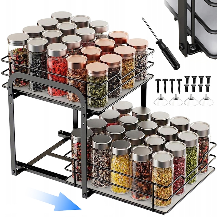 Fűszerrendszerező, Bedee, 2 Szintes, Csúszó Fiókos Rendszerező, Polc és tároló, Nagy kapacitású, Könnyen összeszerelhető, Pultra vagy mosogató alatti szekrénybe, Helytakarékos, Konyhába, fürdőszobába, kamrába, bárba, 28×24×25 cm, Fekete