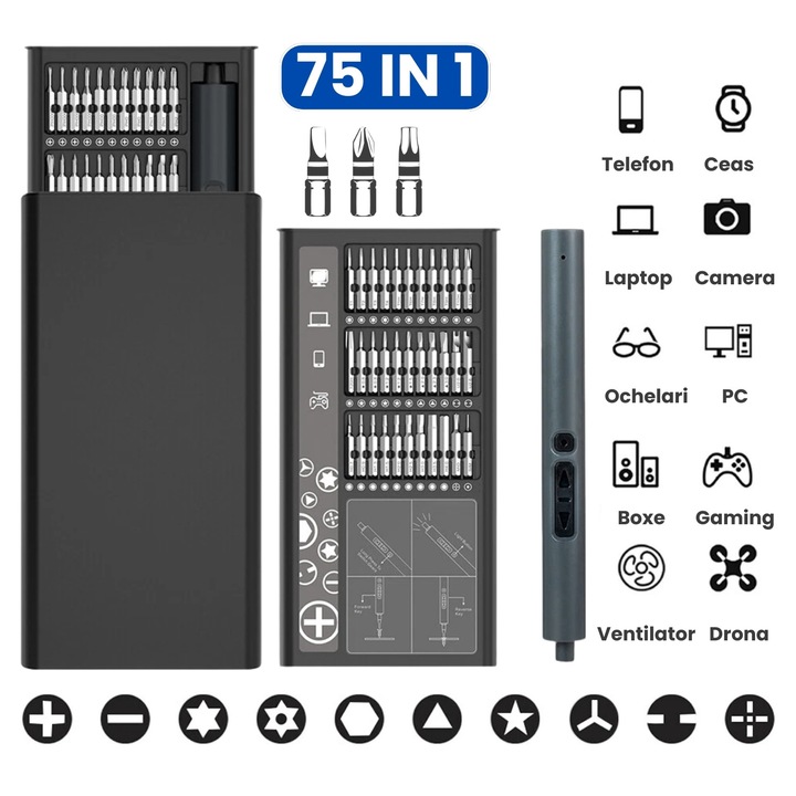 Комплект електрическа отвертка MARCINO 75 в 1, Li-Ion батерия, 200 об/мин, сив