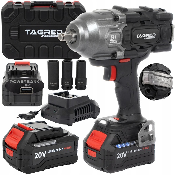 Cheie de impact fără fir Tagred, 20V, 2x4Ah Li-Ion, 1898 Nm, 1/2", cu 3 trepte de viteză, set complet în valiză