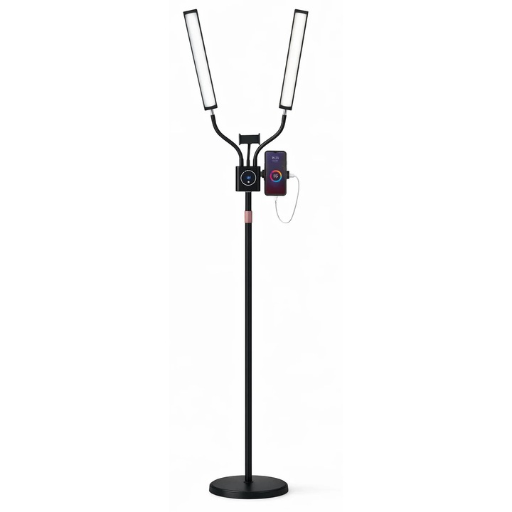 Lampa LED profesională Cosmeticos, cu două brate, suport telefon, negru, 180mm